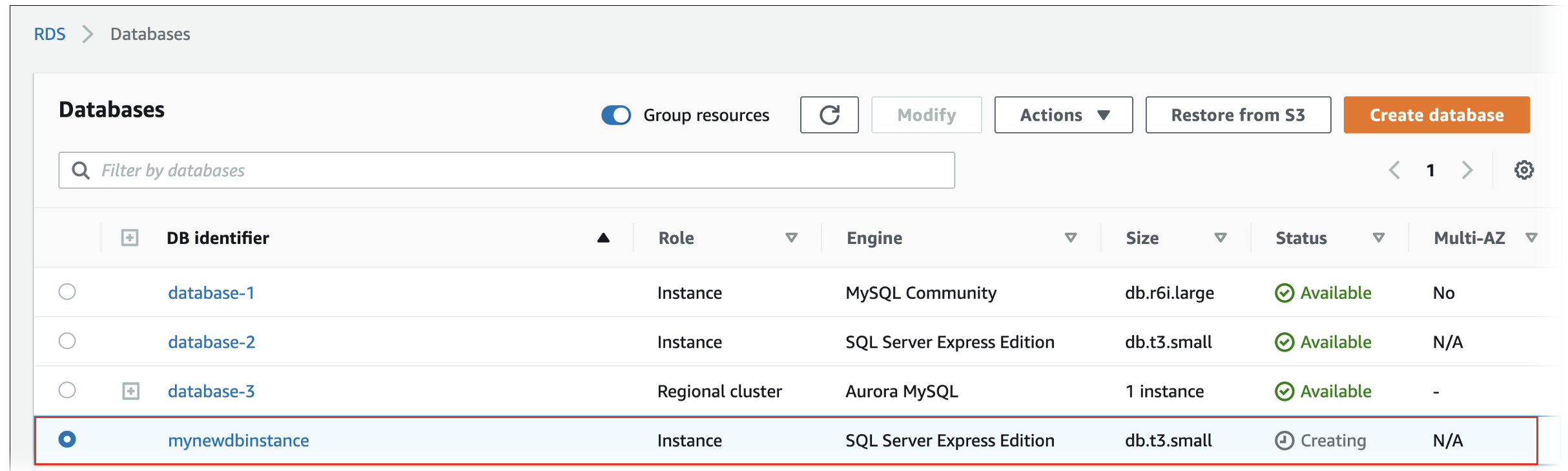 Instance de base de données restaurée sur la page Base de données