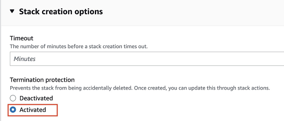 Exemple de protection contre les terminaisons Create Stack Activate