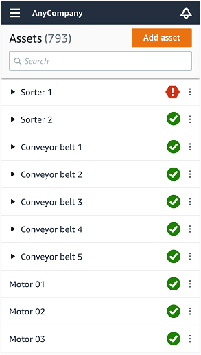 Asset list interface showing various equipment statuses, including sorters and conveyor belts.