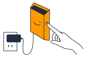 Orange rectangular device with a smiling face and a hand pointing to it.