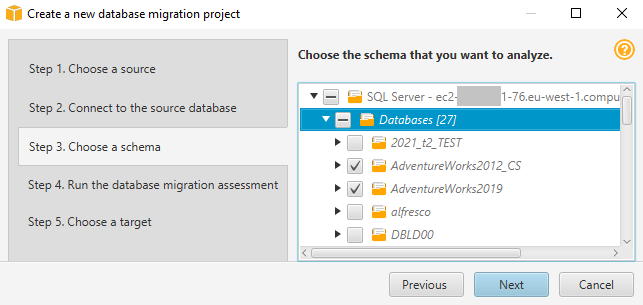 Choisissez plusieurs schémas de base de données dans le nouvel assistant de projet.