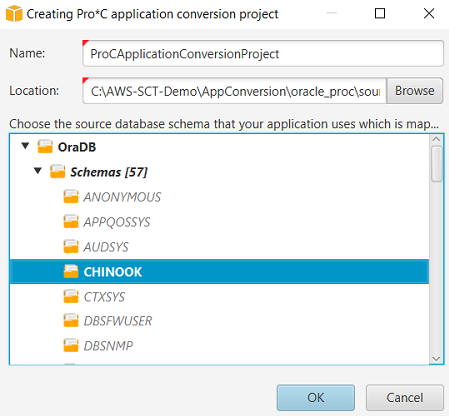 La nouvelle boîte de dialogue du projet de conversion d'applications Pro*C