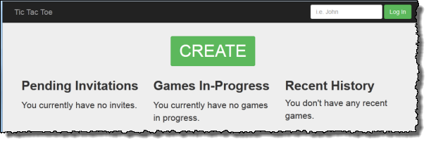 
                            Capture d'écran de la page d'accueil de l'application avec un bouton Create (Créer) et des liens vers des jeux, des invitations et l'historique récent.
                        