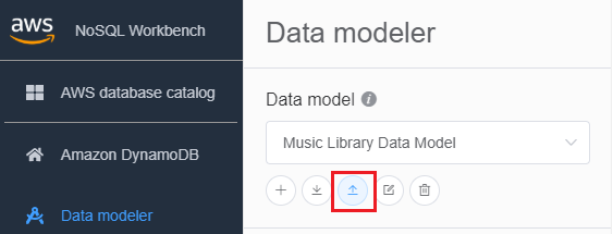 Capture d'écran de la console illustrant les boutons Import data model (Importer un modèle de données) et Export data model (Exporter un modèle de données).