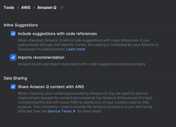Options de partage des données Amazon Q dansVS Code.