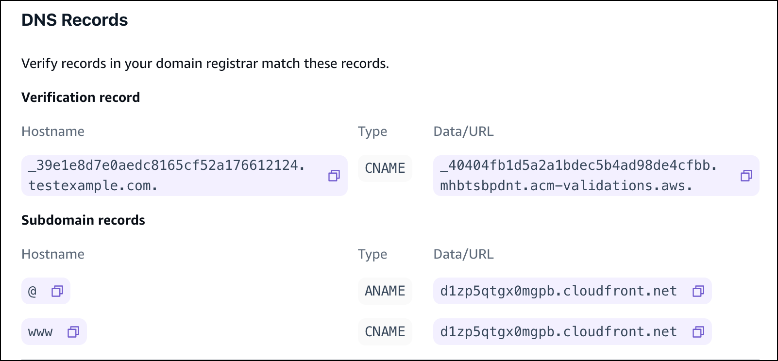 Capture d'écran des enregistrements DNS dans la console Amplify.