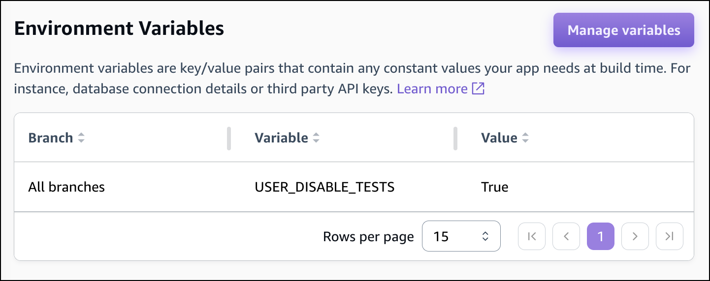 La section Variables d'environnement de la console Amplify.