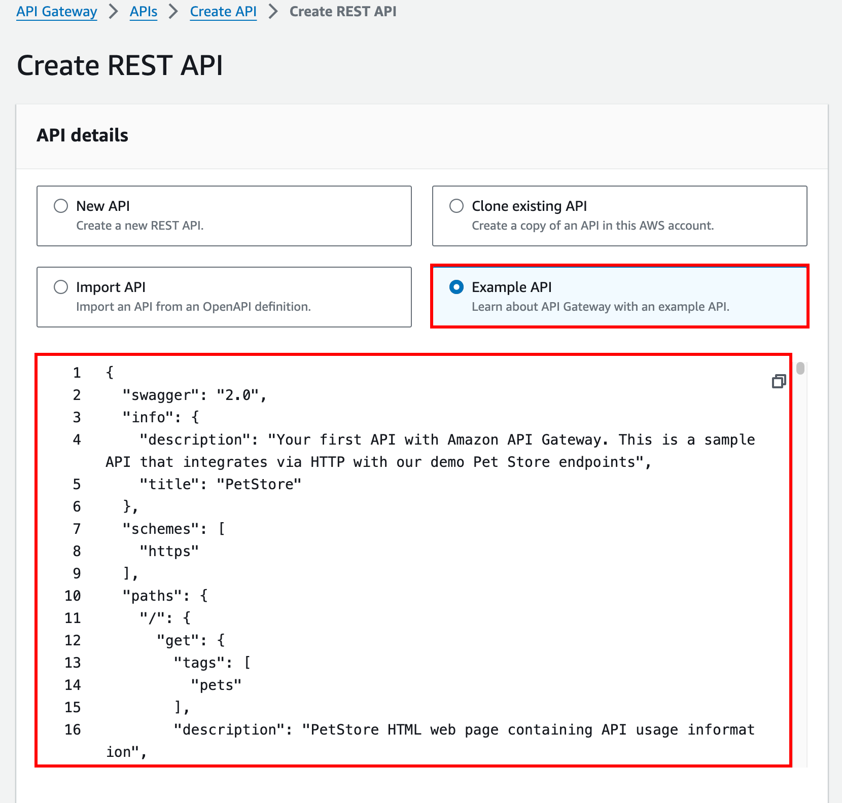 Exemple d'API REST dans la console API Gateway.