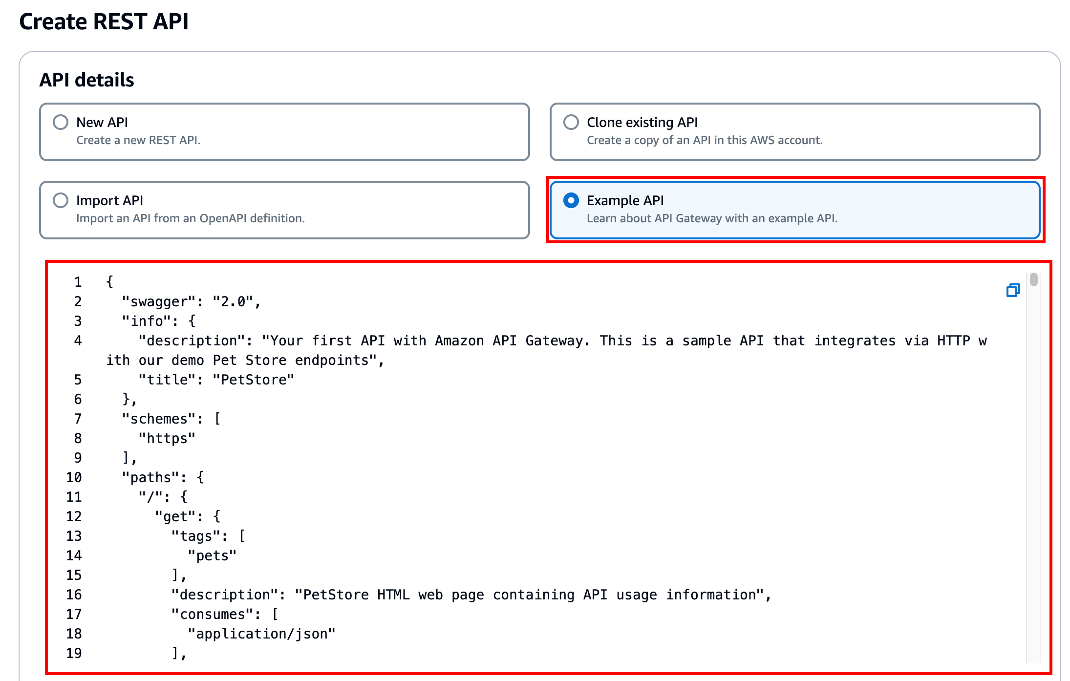 Exemple d'API REST dans la console API Gateway.