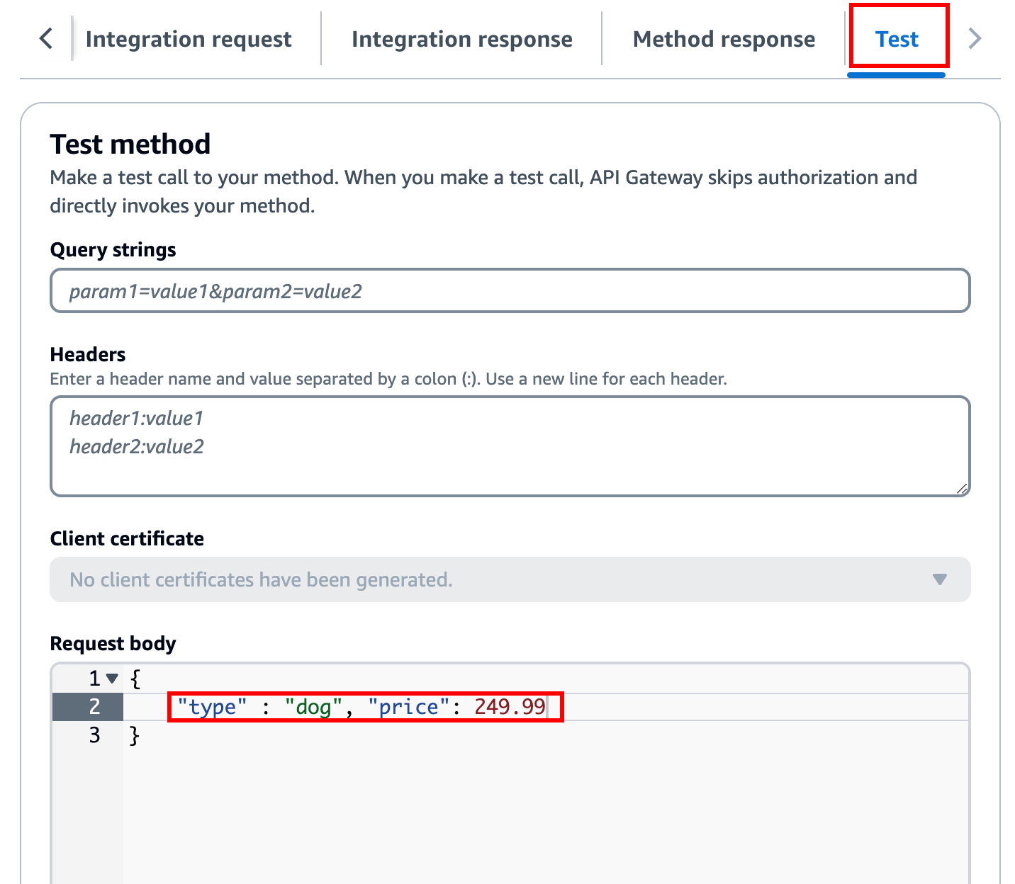 Testez la méthode POST dans la console API Gateway.