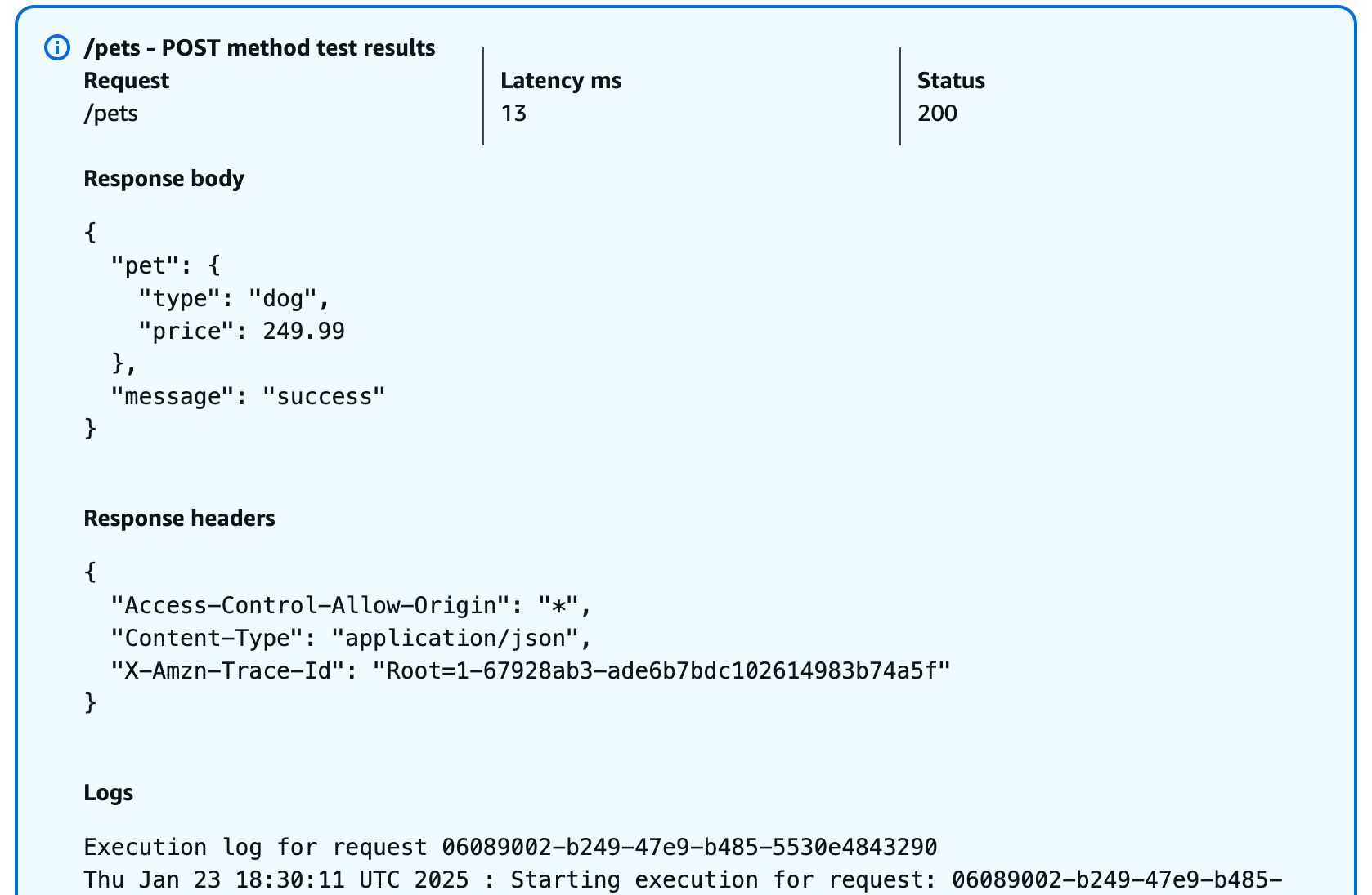 Résultat du test de la méthode POST dans la console API Gateway.