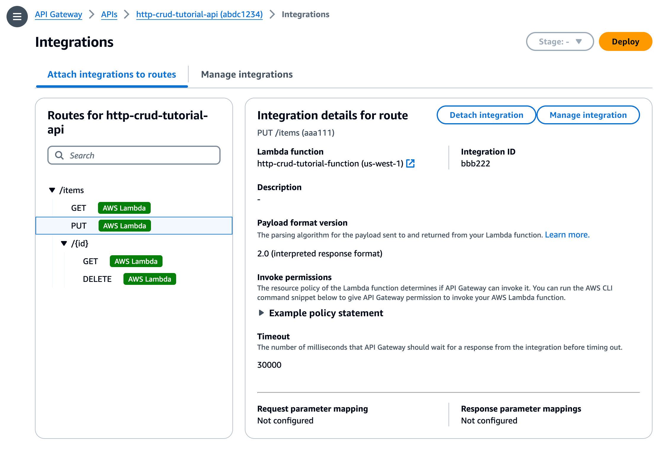 La console s'affiche AWS Lambda sur tous les itinéraires pour indiquer que votre intégration est attachée.