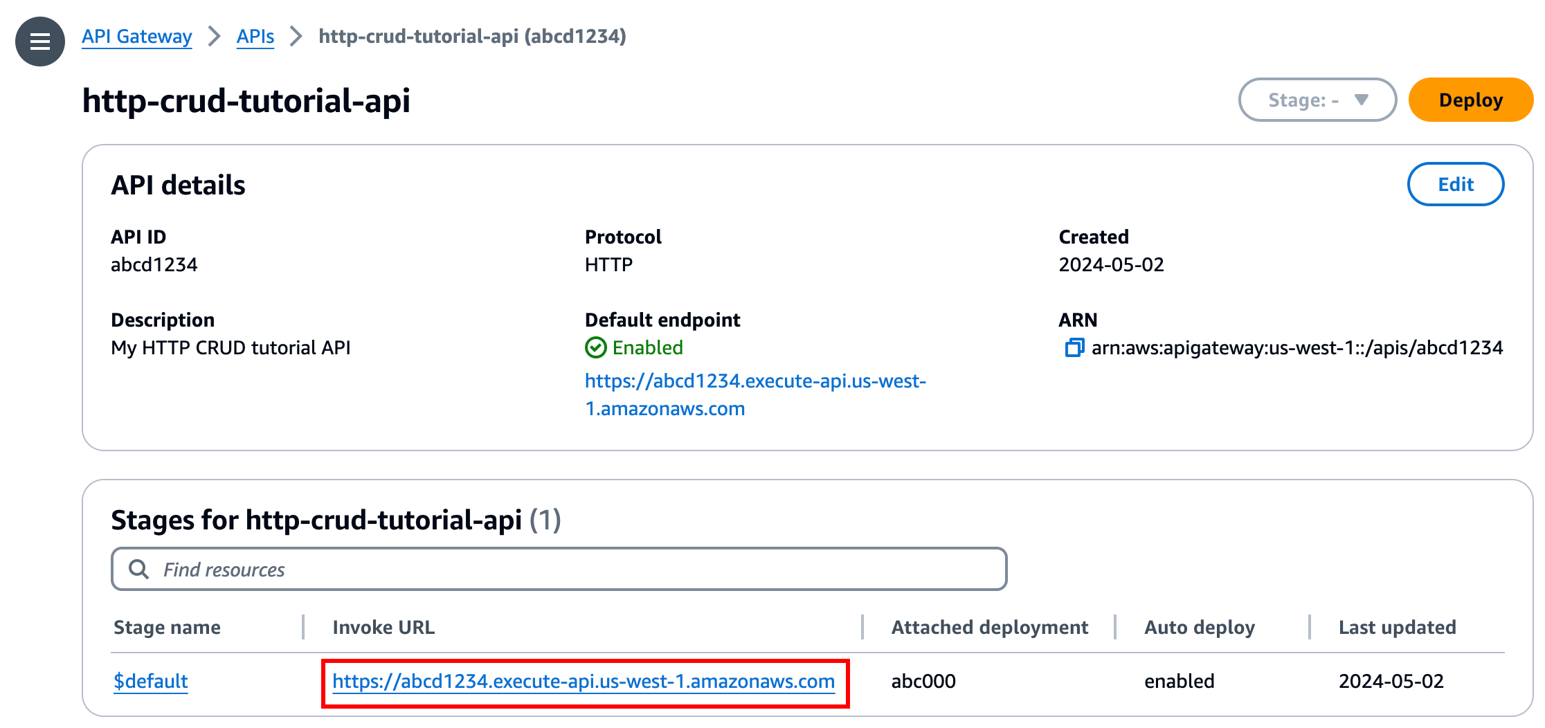 Une fois que vous avez créé votre API, la console affiche l'URL d'appel de votre API.