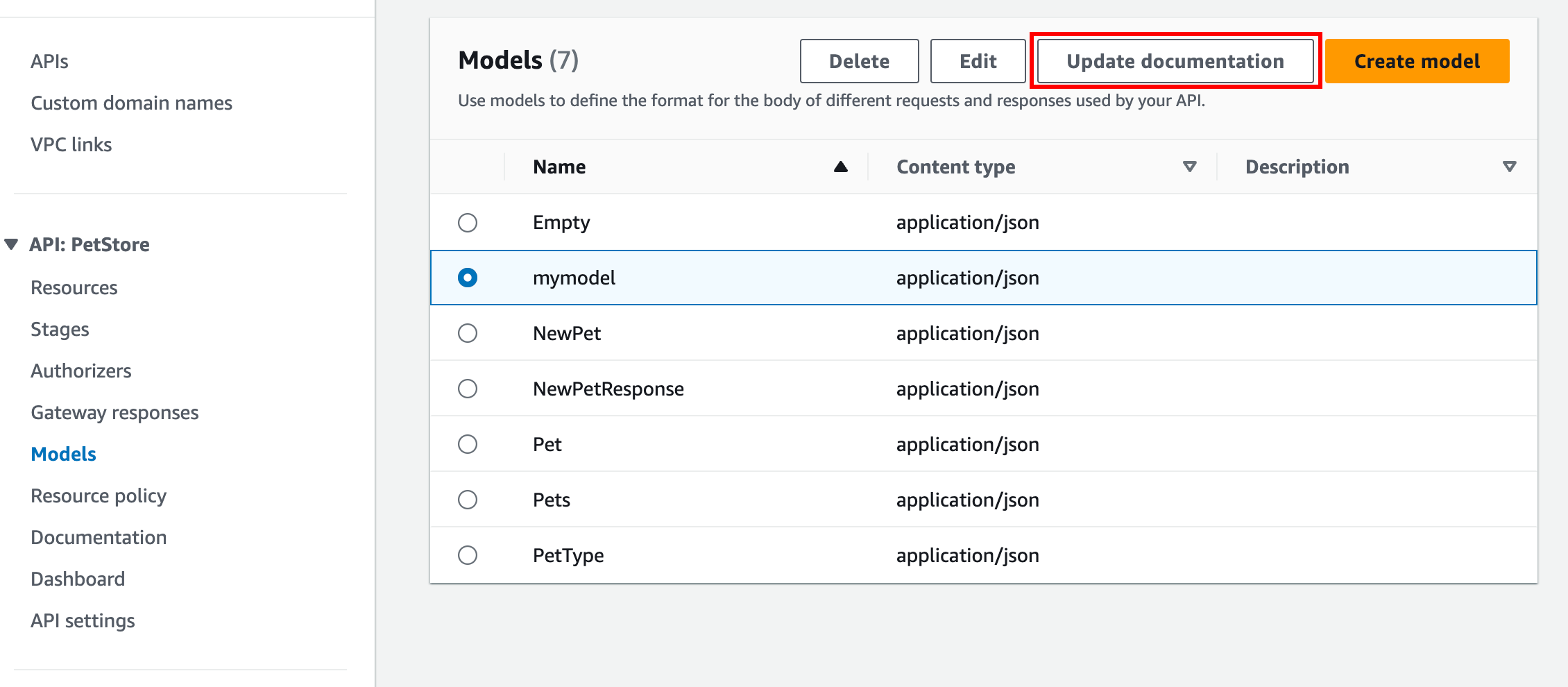 
                        Modification de la documentation de l'entité modèle sur la console API Gateway
                      