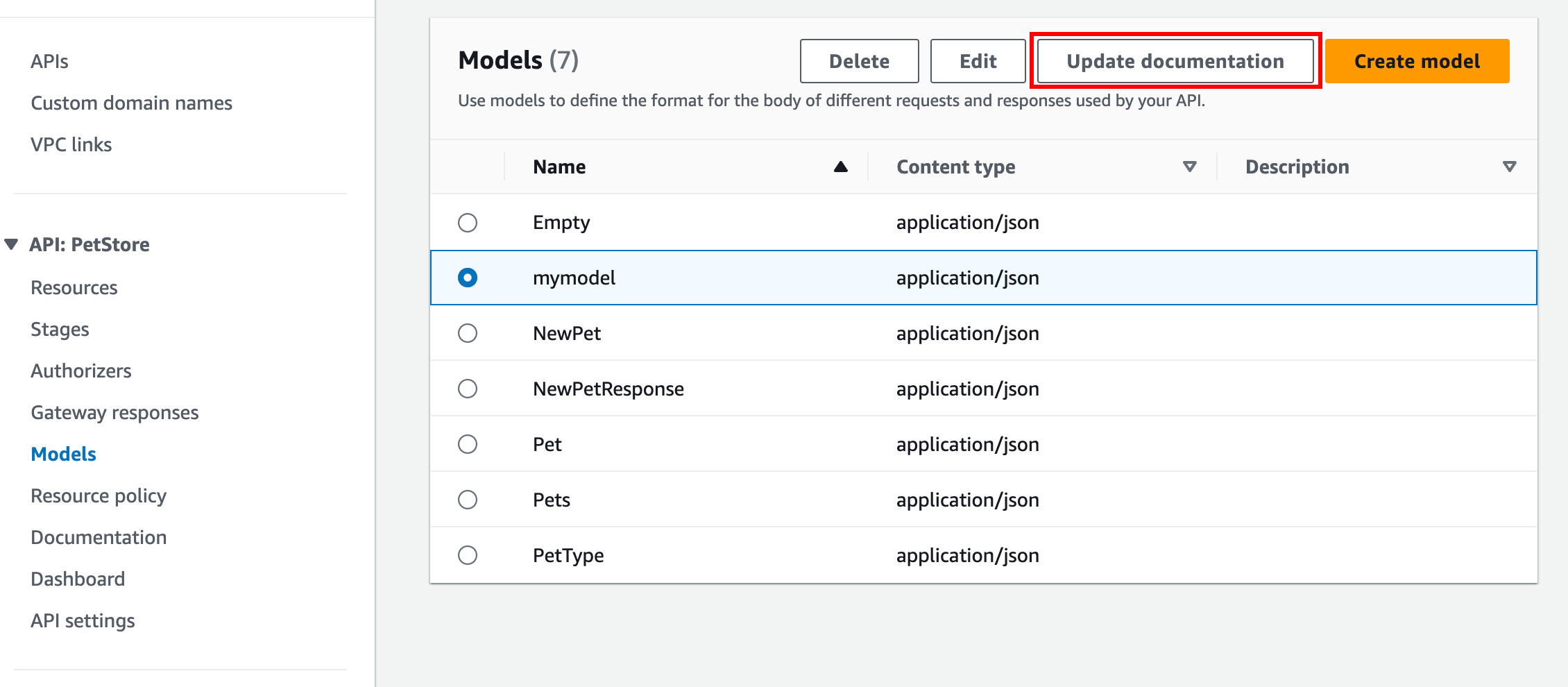 Modifier la documentation de l'entité modèle dans la console API Gateway