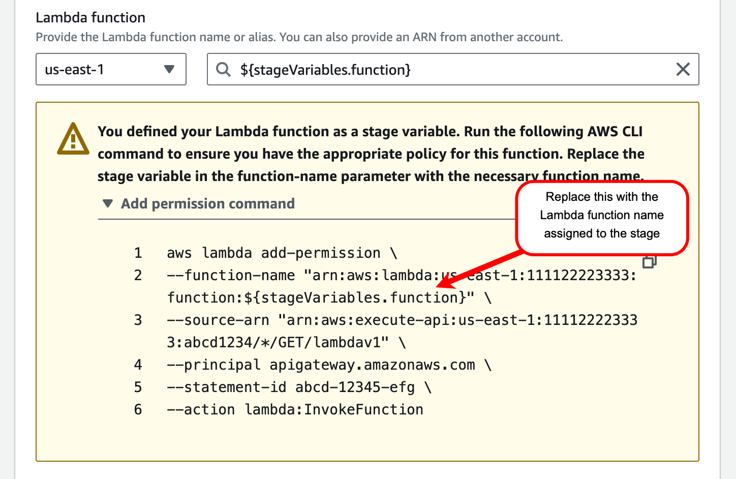 
                          Exécutez la commande AWS CLI pour ajouter l'autorisation à la fonction Lambda à invoquer par la méthode que vous venez de créer. 
                        