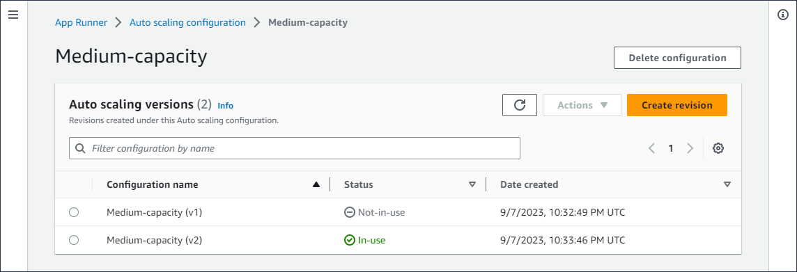 Page de configuration d'App Runner Auto Scaling