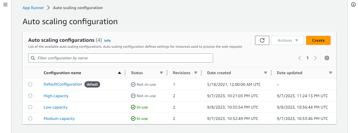 Page de configuration d'App Runner Auto Scaling