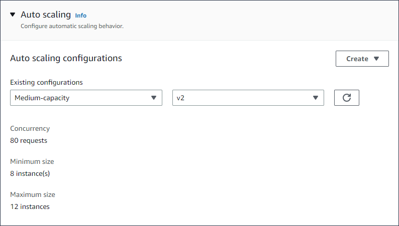 Page de configuration de la console App Runner affichant les options de mise à l'échelle automatique