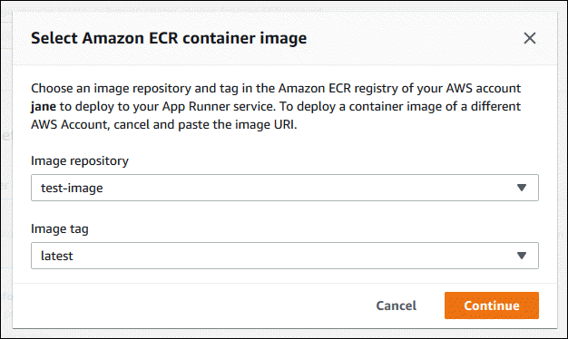 Sélection d'une image Amazon ECR lors de la création d'un service App Runner