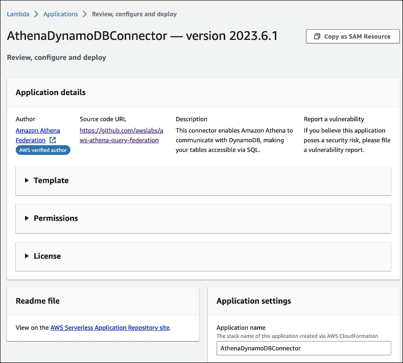 Page du connecteur dans la console AWS Lambda.