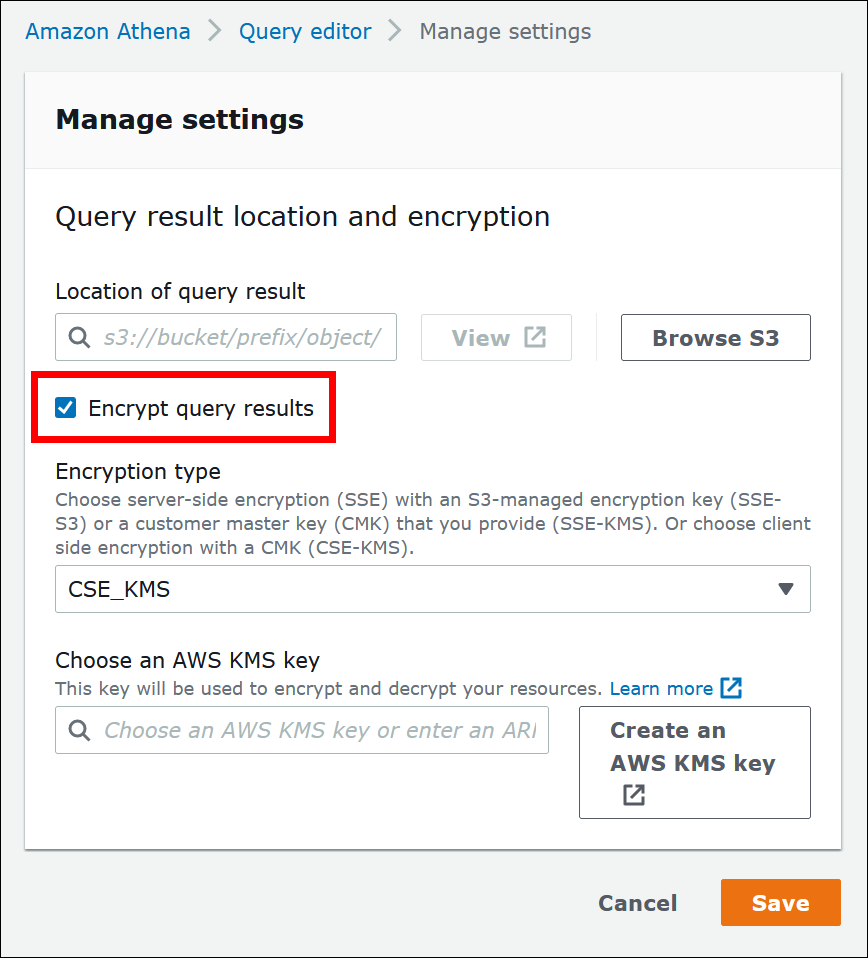 
                            L'option Chiffrer les résultats de la requête sur la page Gérer les paramètres de la console Athena.
                        