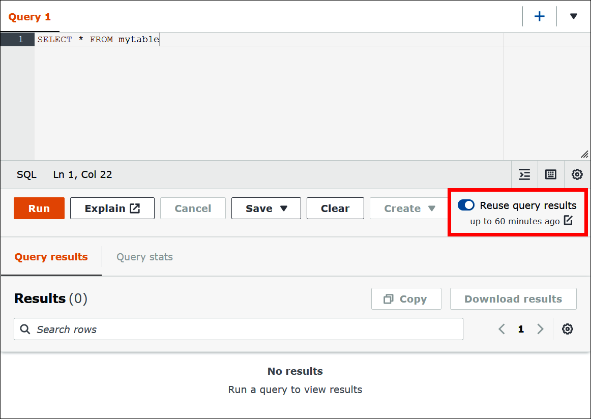 Activez Reuse query results (Réutiliser les résultats des requêtes) dans l'éditeur de requêtes Athena.