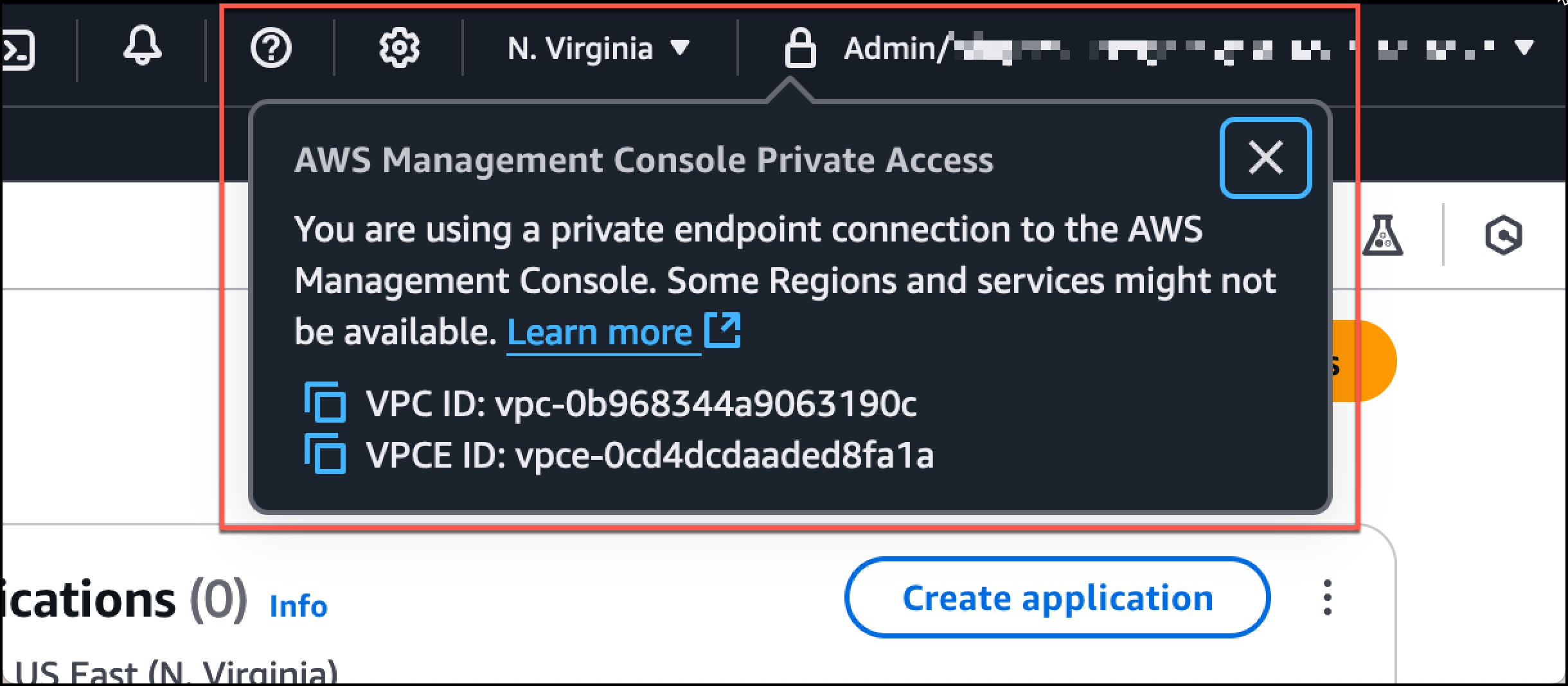 La console Amazon S3 affiche l'icône du cadenas et les informations d'accès AWS Management Console privé.