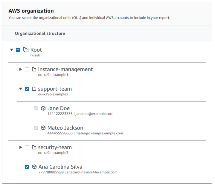 Capture d'écran des options de filtre de l'organisation AWS pour les unités organisationnelles (UO).