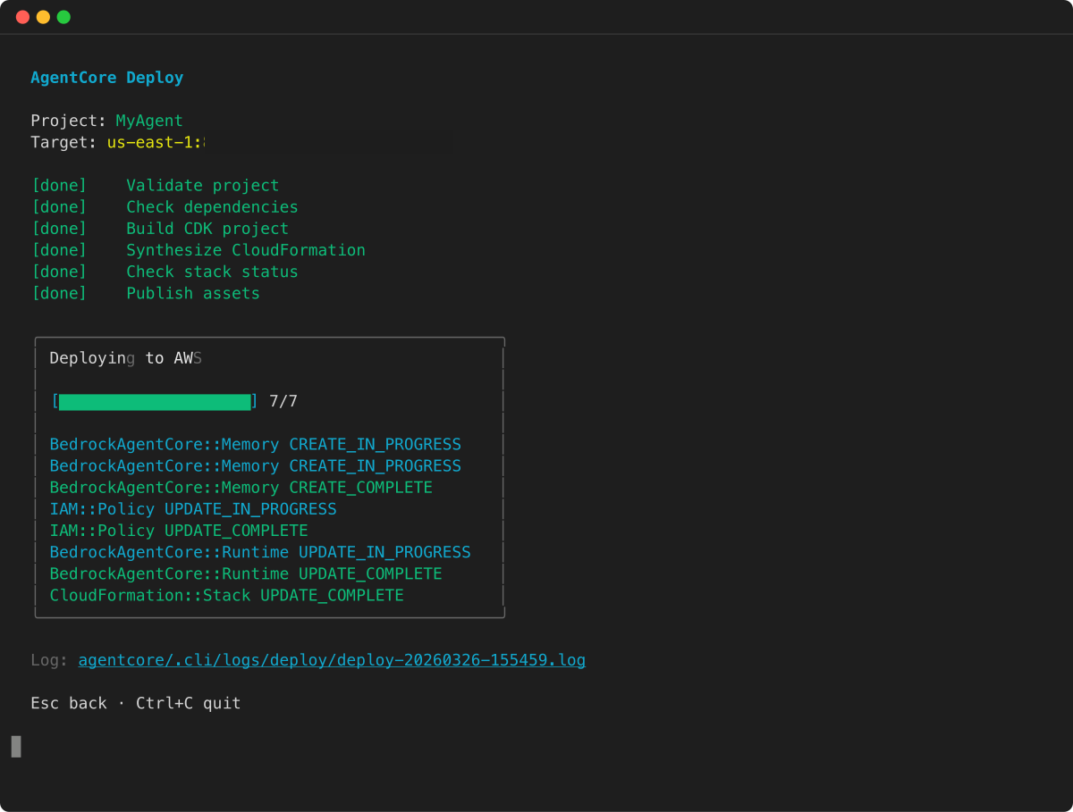 AgentCore progression du déploiement indiquant les mises à jour de la CloudFormation pile