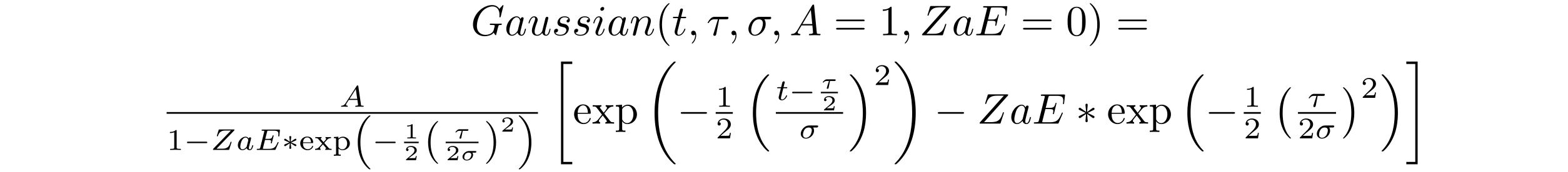 Équation mathématique montrant la fonction gaussienne avec les paramètres t, tau, sigma, A=1 et Zae=0.