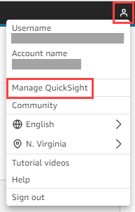Un menu avec la QuickSight commande Gérer.