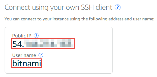 
                  Adresse publique et nom d'utilisateur de l'instance affichés dans la console Lightsail
               