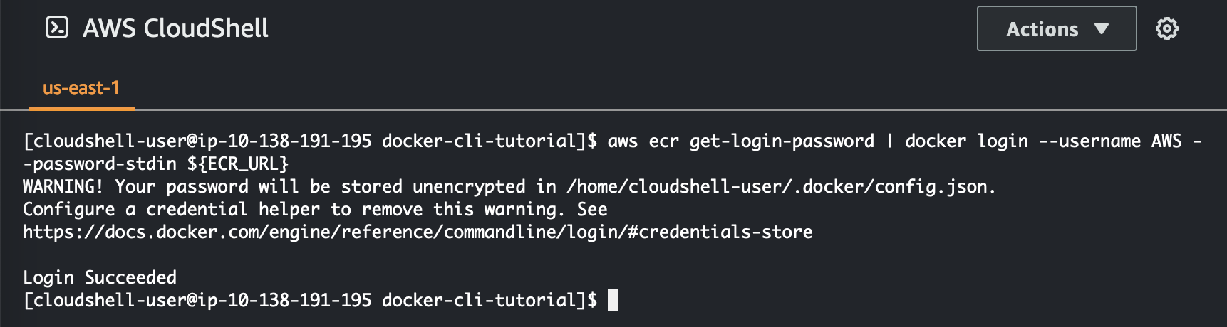 Image de la commande utilisée pour obtenir les informations de connexion Amazon ECR pour Docker.