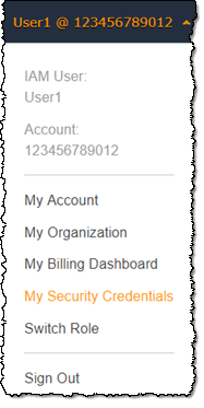 Lien My Security Credentials (Mes informations d'identification de sécurité) de la Console de gestion AWS