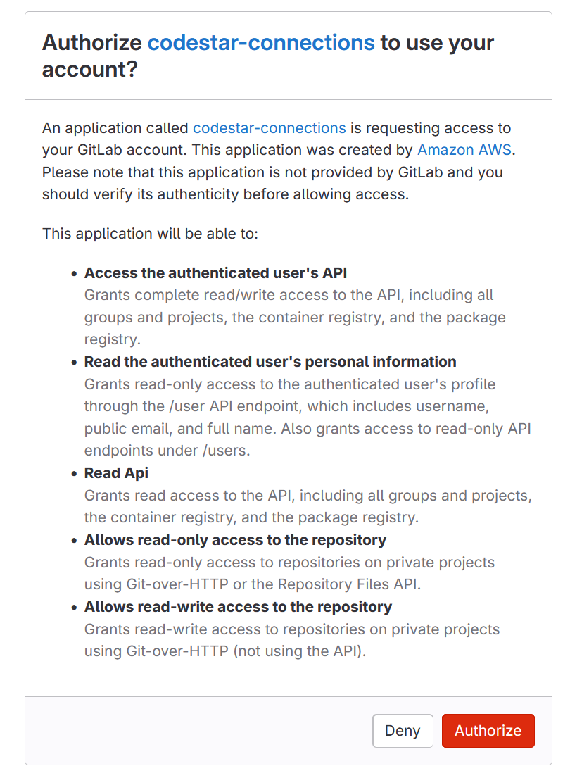 Capture d'écran montrant le message d'autorisation de connexion pour votre compte GitLab .com.