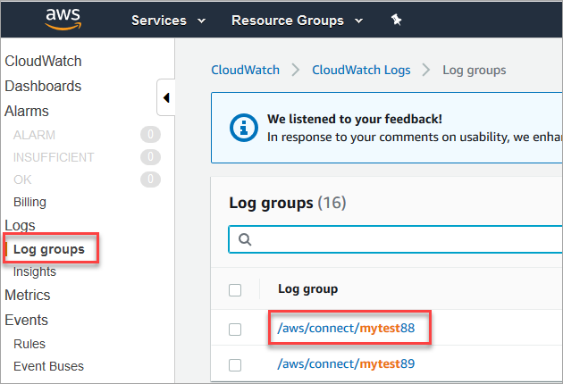 
                La console Amazon CloudWatch, les groupes de journaux, /aws/connect/mytest88 et mytest89.
            