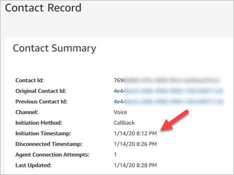 La page Enregistrement de contact, le champ Horodatage initial.