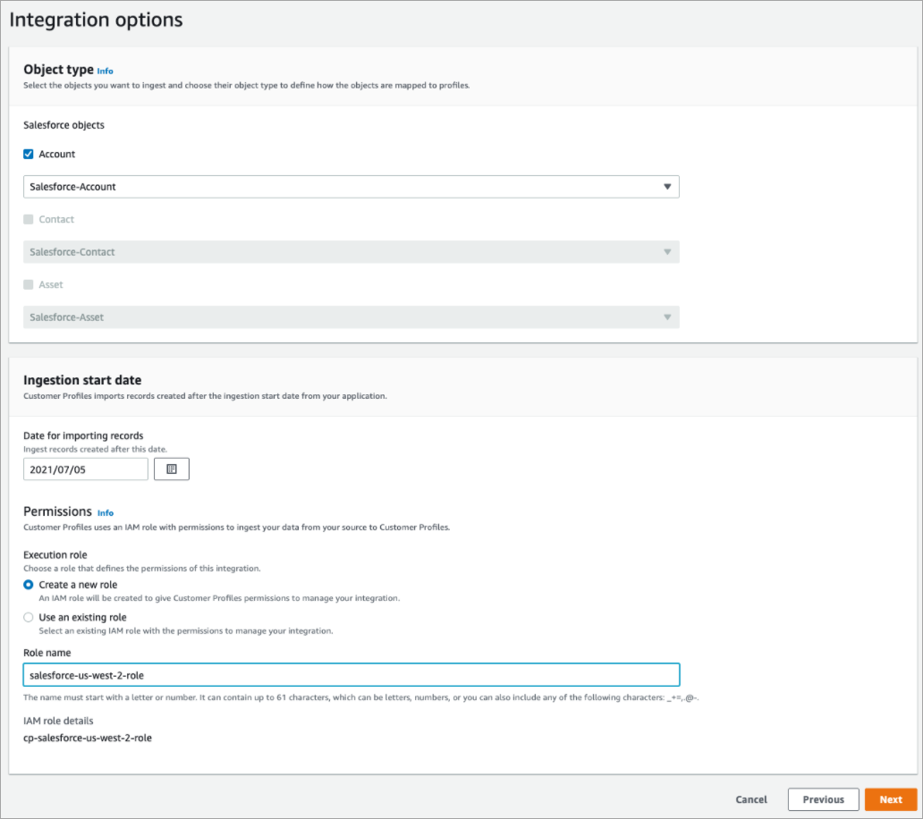 La page Options d'intégration.