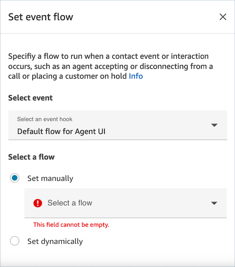Le bloc de flux d'événements Set, le flux par défaut pour le hook d'événements de l'interface utilisateur de l'agent.
