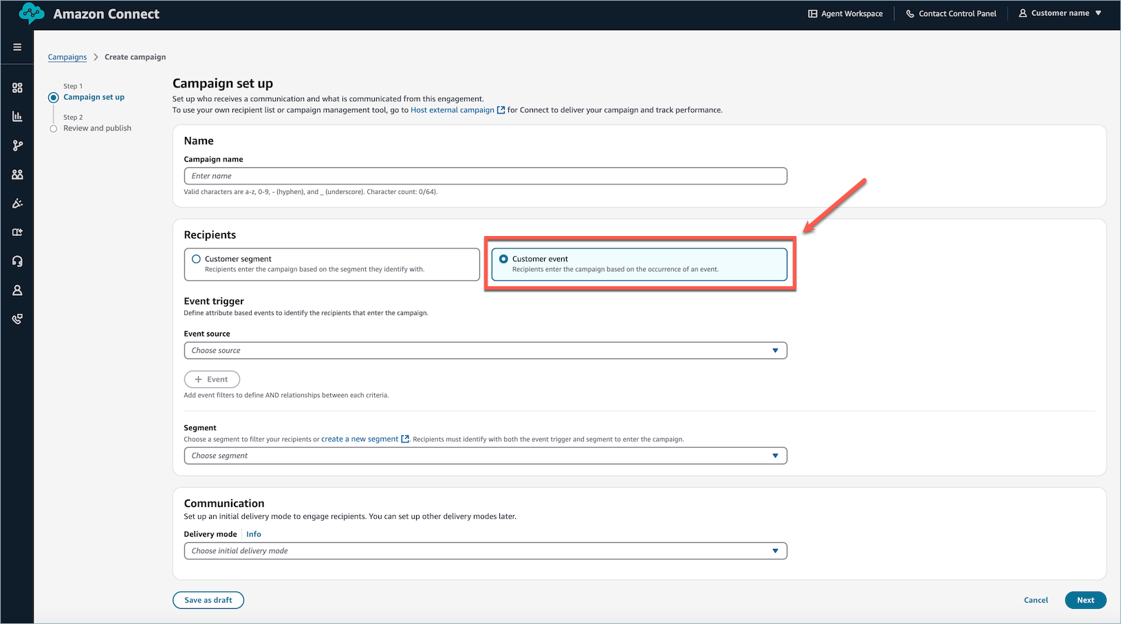 Page de configuration de campagne avec événement client sélectionné dans la section Destinataires pour les campagnes déclenchées par un événement.