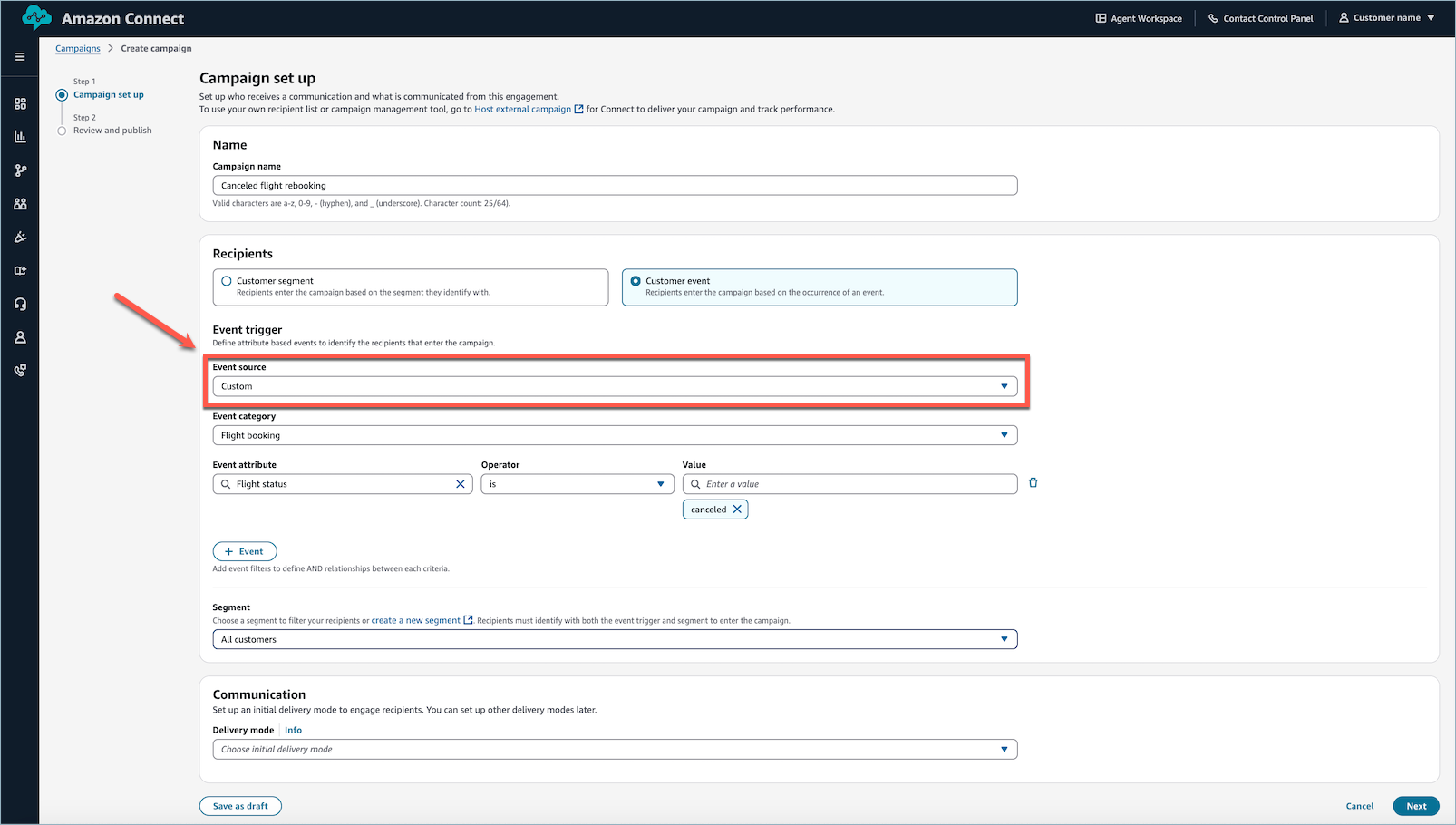 Panneau de sélection de la source d'événements présentant les options d'intégration et la configuration des conditions d'attribut.