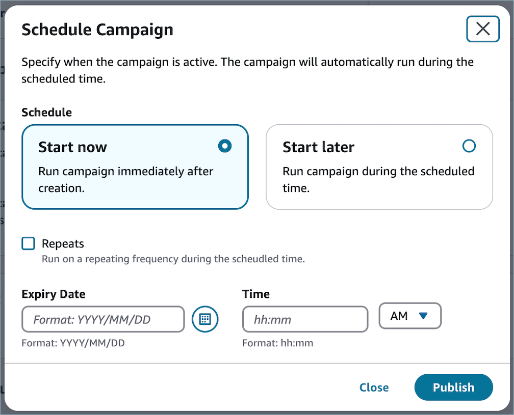 Options de planification des campagnes indiquant les paramètres de démarrage immédiat, de début ultérieur et de date/heure d'expiration.