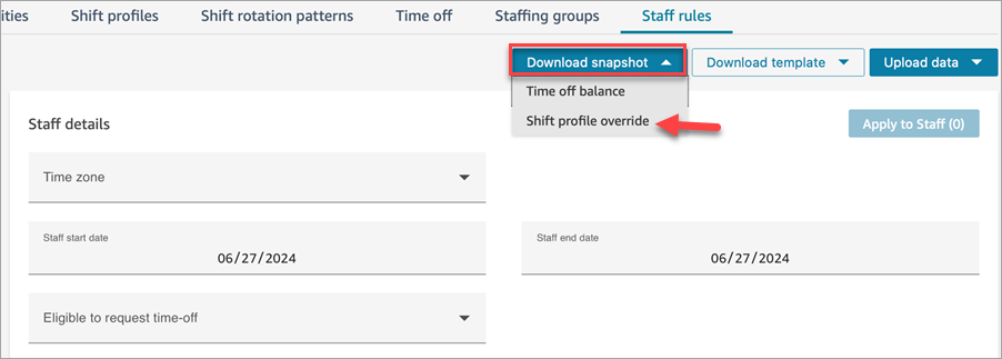 La page des règles du personnel, l'option Télécharger un instantané, remplacer le profil Shift.