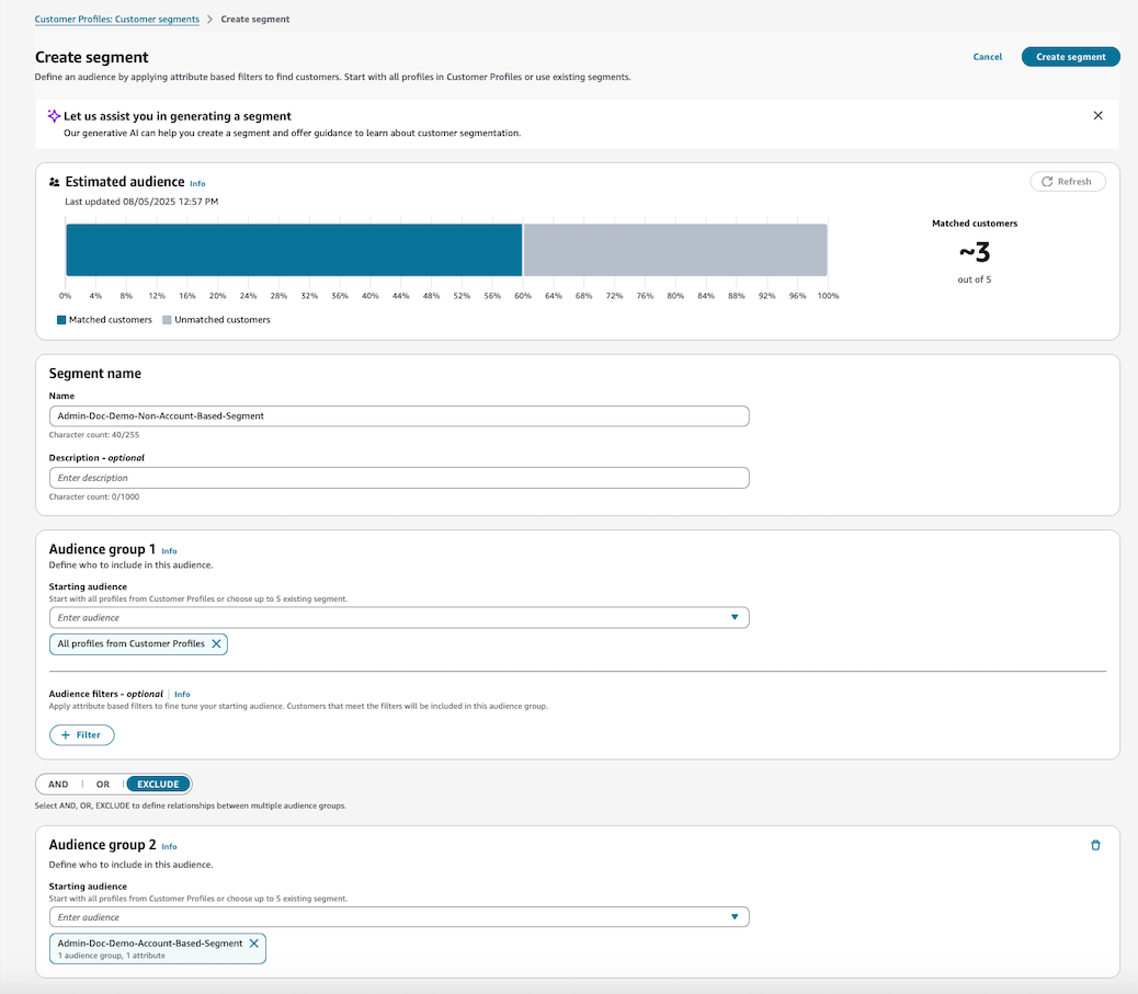 Pour créer un segment uniquement avec des sous-profils, créez une nouvelle audience qui exclut les profils basés sur des comptes.