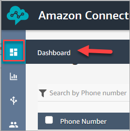 Icône du tableau de bord dans le menu de navigation d'Amazon Connect.