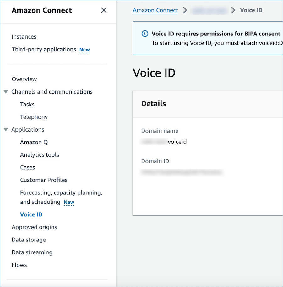 Section ID vocal de la console Amazon Connect, ID de domaine.