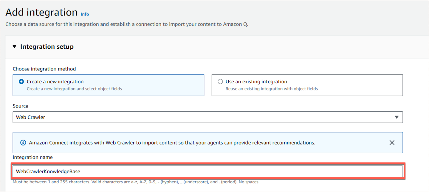 Page de configuration de l'intégration de Web Crawler affichant le champ Nom de l'intégration dans lequel les utilisateurs saisissent le nom de leur nouvelle connexion.