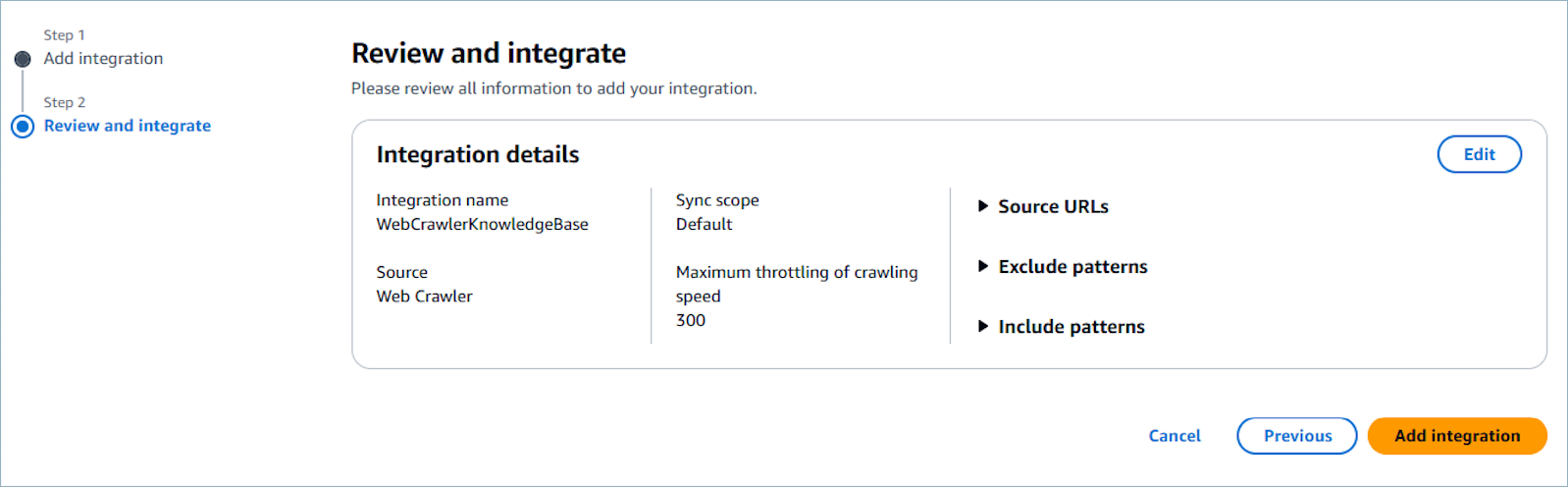 La page de révision présentant tous les détails d'intégration pour la configuration du Web Crawler avant la soumission finale.