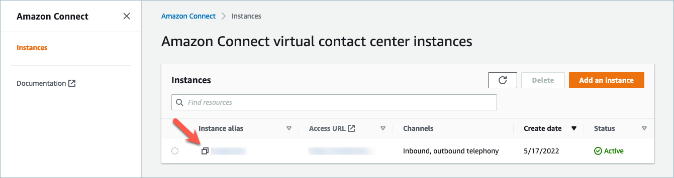 Page Instances du centre de contact virtuel Amazon Connect, alias d'instance.